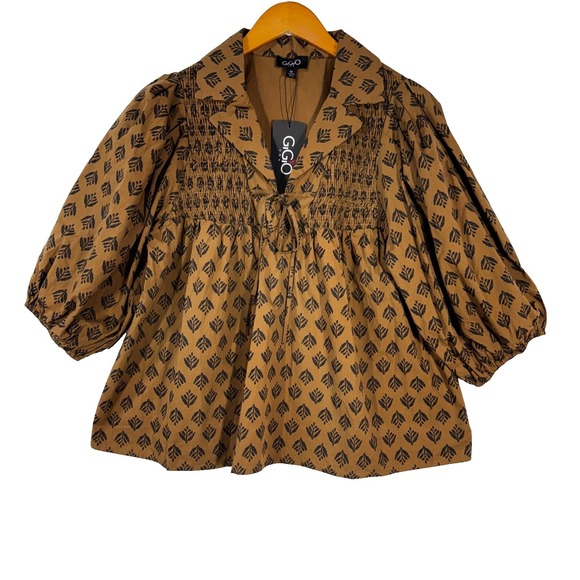 Gigio Tops - Gigio by Umgee Brown Medium Printed VNeck Blouse Balloon Sleeve Neutral Festival